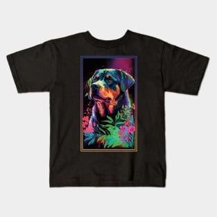 Rottweiler Dog Vibrant Tropical Flower Tall Digital Oil Painting Portrait 3 Kids T-Shirt